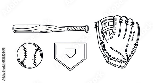 Baseball Equipment Icon Set: Bat, Ball, Glove, and Home Plate