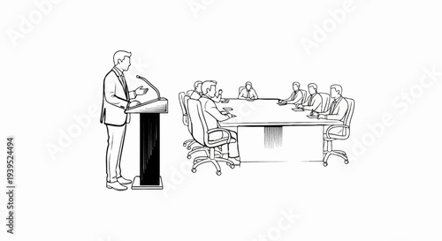 A speaker addresses a group of professionals seated around a large conference table