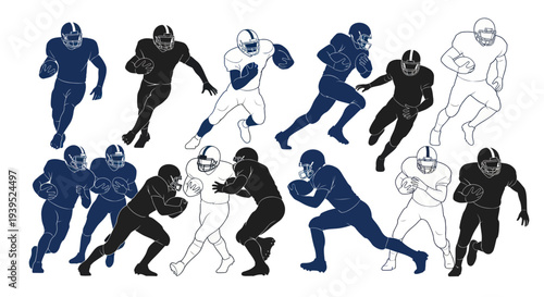 American Football Players Running and Tackling Silhouette Set