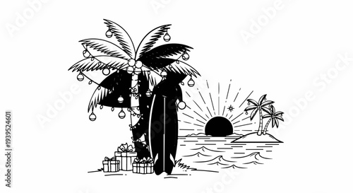 Tropical Christmas scene with palm trees, gifts, and surfboard