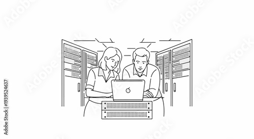 Two people working together on a laptop in a server room with racks