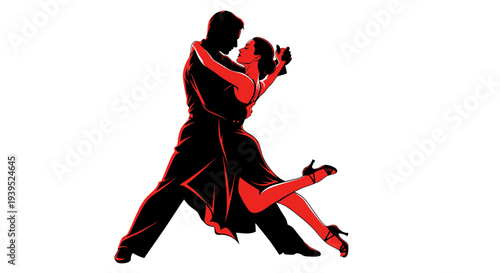 Passionate Tango Couple Dancing, Silhouette, Red and Black