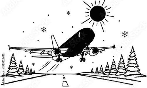 A dark silhouette of a jetliner ascends into a sky with a sun and snowflakes