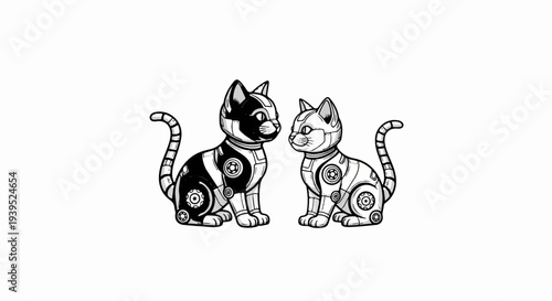 Two robotic cats, one black and white, the other silver, facing each other