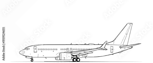 A detailed line drawing depicts a commercial airplane with its engines and landing gear