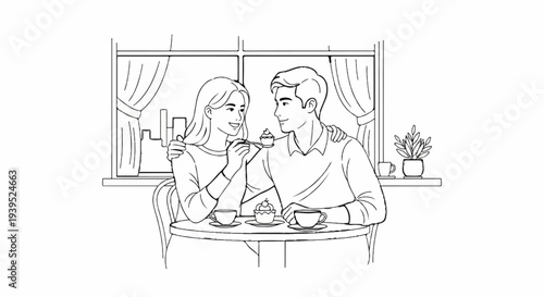 A couple shares a sweet moment over coffee and a cupcake indoors by a window
