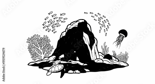 Undersea world illustration with a large rock formation, fish, coral, and sea creatures