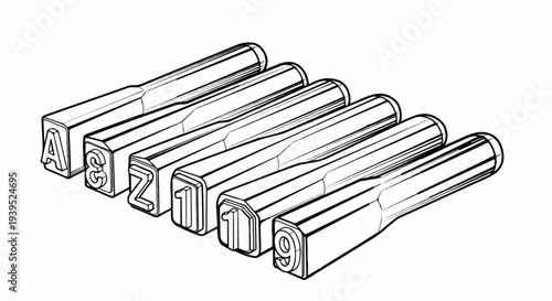 A collection of metal stamping tools, including letters and numbers, arranged in a row