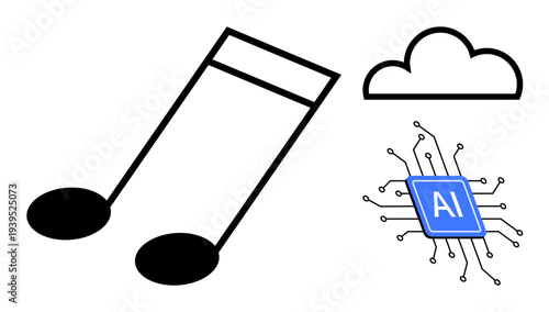 Music production, AI technology, cloud storage, innovation, creative tools, digital solutions. Musical note, cloud and AI chip visual combination. Music production and AI technology synergy concept