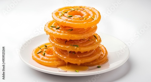 Stacked Jalebis) Stack of crispy jalebis garnished with saffron and pistachio on a white plate.