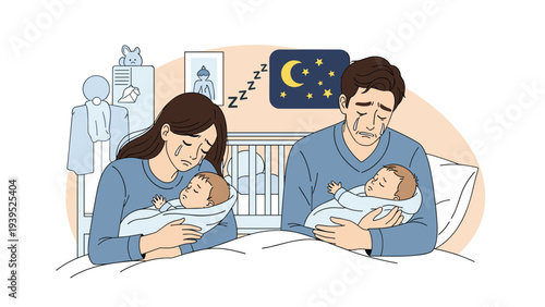 Exhausted mother and father holding their crying newborn babies in a bedroom setting during a difficult sleepless night.
