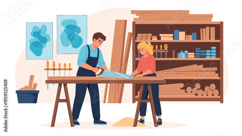 Male and female carpenters working together in a wood workshop using a hand saw to cut a timber plank on a workbench.