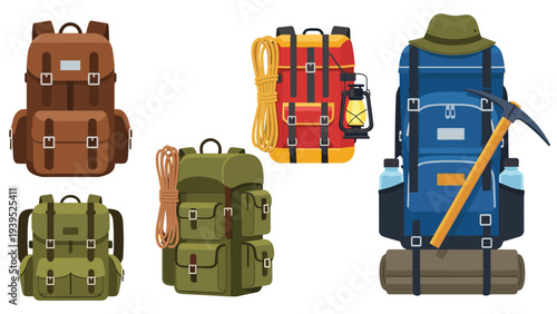 Selection of colorful hiking backpacks with camping equipment like ropes, lanterns, and ice axes for outdoor adventure planning.