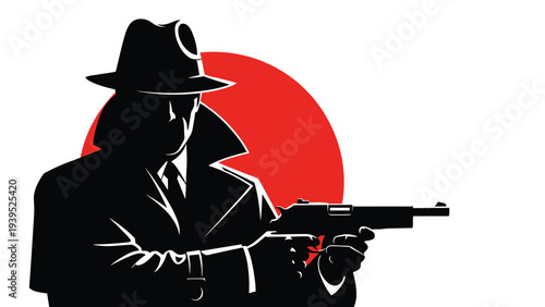 Dramatic silhouette of a private detective wearing a fedora and coat holding a handgun against a large red circle background.