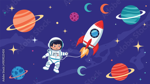 Cute astronaut floating in outer space near a rocket ship surrounded by planets, stars, and colorful celestial bodies.