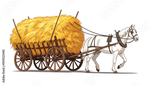 White horse pulling a large wooden wagon overflowing with golden yellow hay in a rural farm or countryside setting.