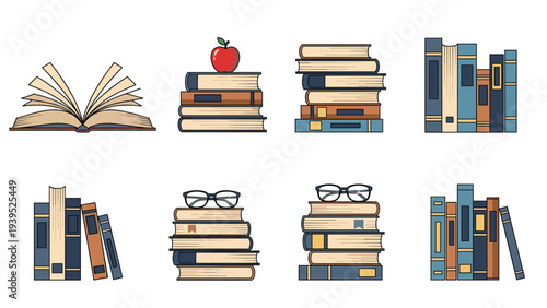 Different arrangements of book stacks and open books featuring reading glasses and a red apple for educational concepts.
