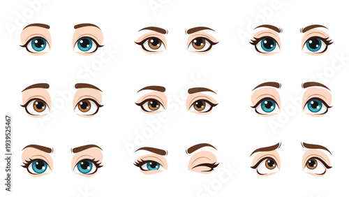 Collection of diverse human eyes showing different colors, shapes, and expressions ranging from happy to winking.