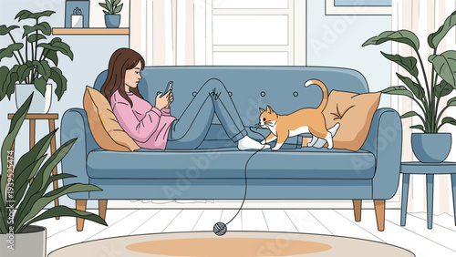 Relaxed woman lying on a blue sofa while looking at her smartphone as a playful cat tries to catch a ball of yarn.