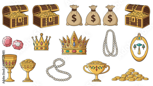 Assortment of pirate treasure including gold coins, jewelry, crowns, gems, and chests filled with valuable riches.
