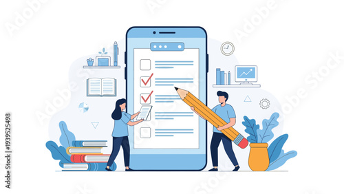 Two people using a giant pencil to mark off completed tasks on a large smartphone screen representing a digital checklist.