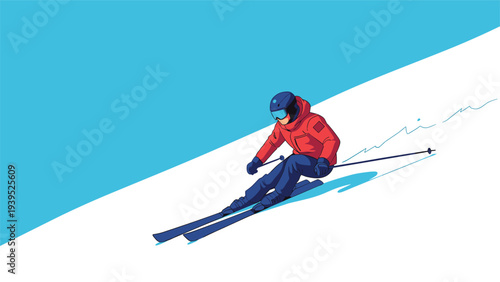 Downhill skier in red gear carving through snow on a steep mountain slope against a clear blue sky background.
