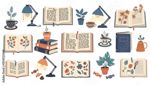 Set of cozy lifestyle elements including open books, plants, tea cups, lamps, and candies for a relaxing indoor atmosphere.