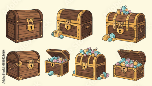 Collection of wooden treasure chests in various states of being closed, open, and overflowing with colorful gems and jewels.