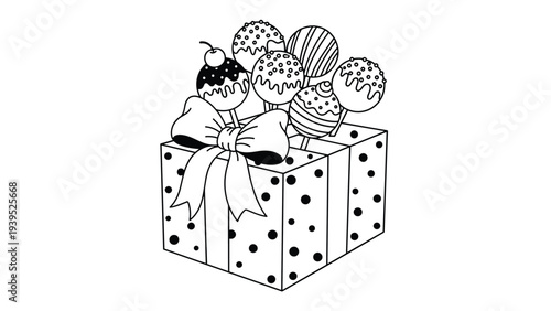 Hand drawn coloring page of a festive gift box decorated with a ribbon bow and various sweet cake pops with sprinkles and cherry.