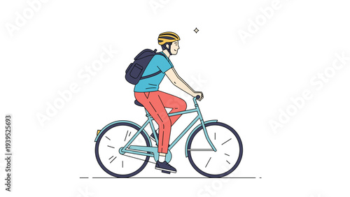 Young man wearing a helmet and backpack riding a blue bicycle as a sustainable urban transportation method through the city.