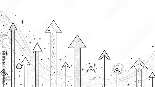 Artistic background featuring stylized arrows pointing upwards against a backdrop of cosmic dots, stars, and swirling lines in line art style.