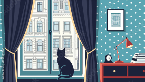 Atmospheric illustration of a black cat silhouette sitting on a windowsill and looking out at historic city apartment buildings through a window.