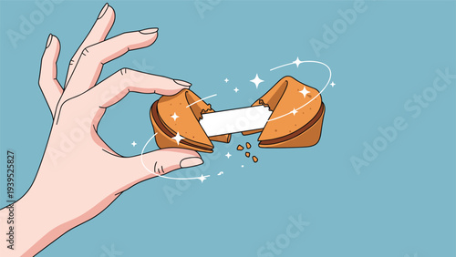 Creative illustration of a human hand opening a fortune cookie to reveal a blank white message slip amidst magical white stars and swirls.