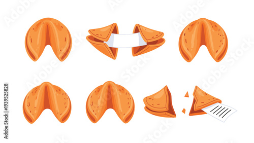 Set of detailed illustrations showing different states of a fortune cookie including whole, broken in half, and revealing a paper message.