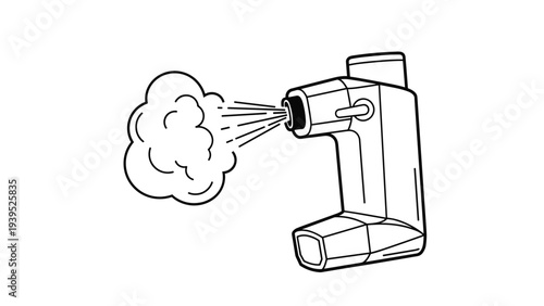 Educational black and white line art illustration of a medical asthma inhaler emitting a cloud of mist for respiratory treatment or health info.