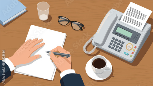 Realistic top down view of a wooden office desk showing a person writing on paper, a fax machine, eyeglasses, coffee, and a book.
