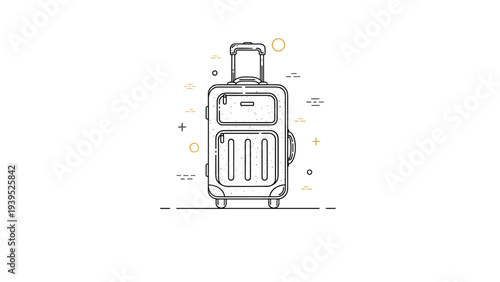 Minimalist black and white line art illustration of a travel suitcase with wheels and handle surrounded by simple abstract geometric elements.