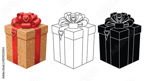 Professional set of gift box icons featuring a large bow and hearts in full color, black and white line art, and solid black silhouette styles.