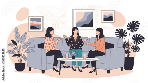Three female friends sitting on a comfortable sofa in a modern living room and having an engaging conversation over tea.