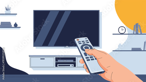 First person perspective illustration showing a hand holding a silver remote control pointed at a large flat screen TV in a modern living room.