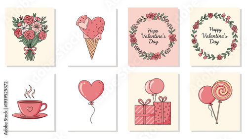 Charming collection of eight mini greeting cards for Valentine's Day featuring hearts, balloons, gifts, flowers, ice cream, and coffee.