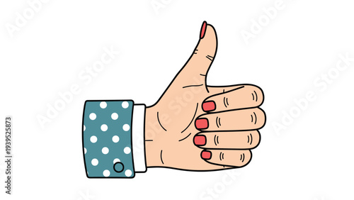 Colorful illustration of a female hand with bright red fingernails and a polka dot sleeve cuff giving a positive thumbs up gesture of approval.