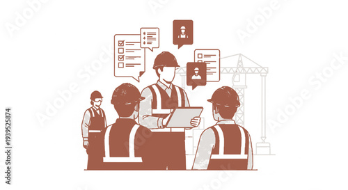 Workers in hard hats discuss project with tablet on construction site with speech bubbles