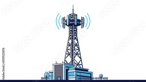 Technical illustration of a tall blue telecommunications tower emitting radio frequency signal waves above a modern station building.