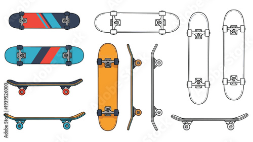 Collection of skateboard icons showing different views and colors including bottom deck designs and side profiles in vector style.