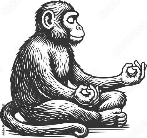 Meditating Monkey Yoga Meditation Vintage Engraving Vector Illustration
