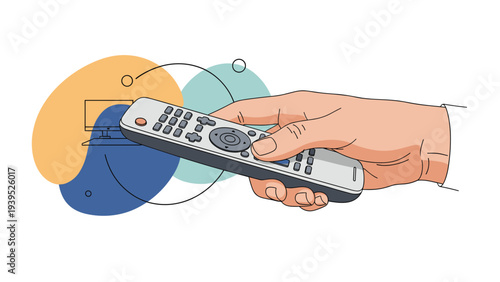 Human hand holding a modern gray remote control pointing toward a television screen icon in a clean vector illustration style.