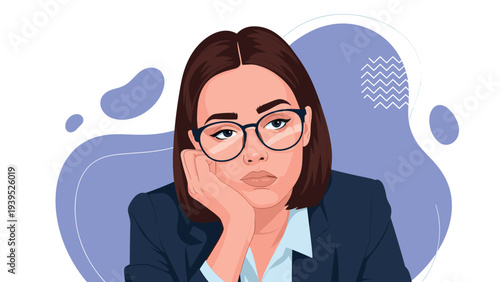 Young woman with brown hair and glasses resting her face on her hand with a thoughtful or bored expression on a blue background.