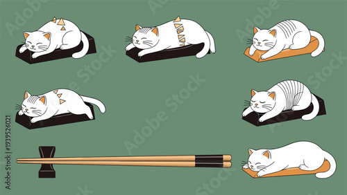 Whimsical and cute illustration of white cats sleeping on blocks of sushi rice like nigiri sushi with chopsticks.