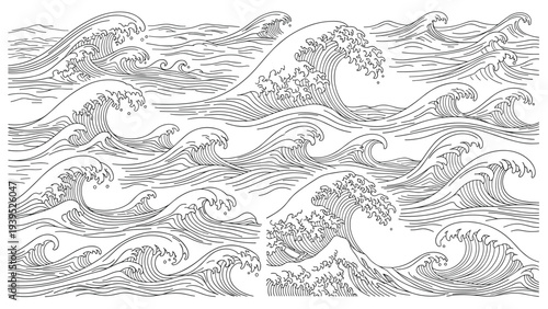 Intricate black and white line art depicting powerful ocean waves and foam in the traditional japanese ukiyo-e artistic style.